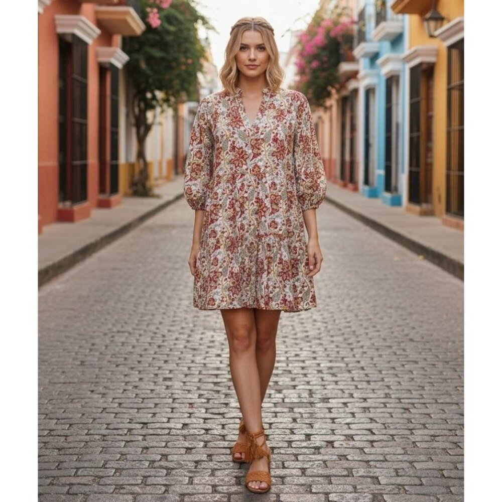 Fitzroy & Willa Floral Block Print Mini Dress Ivory Red Multicolor Floral XS